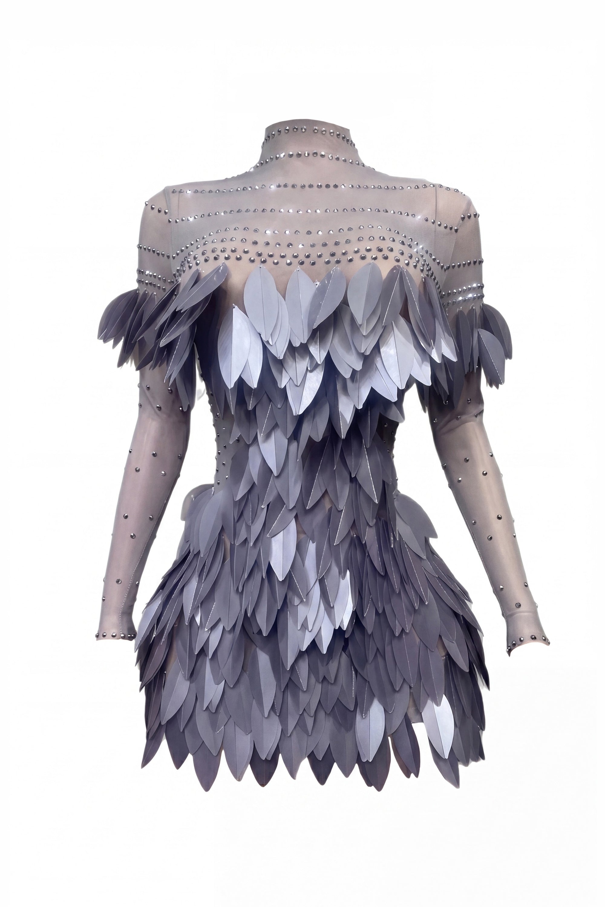 Ondine 3D Feather Mini Dress With Crystal Straps - Silver
