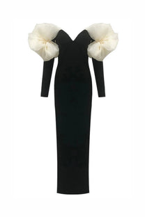 Edmonde Strapless Column Gown With Oversized Floral Shoulder Wrap - Black