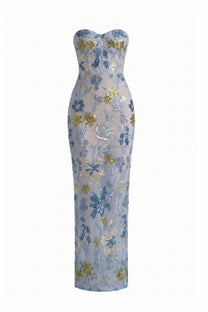 Herminie Strapless Floral Sequin Maxi Dress With Column Silhouette - Light Blue