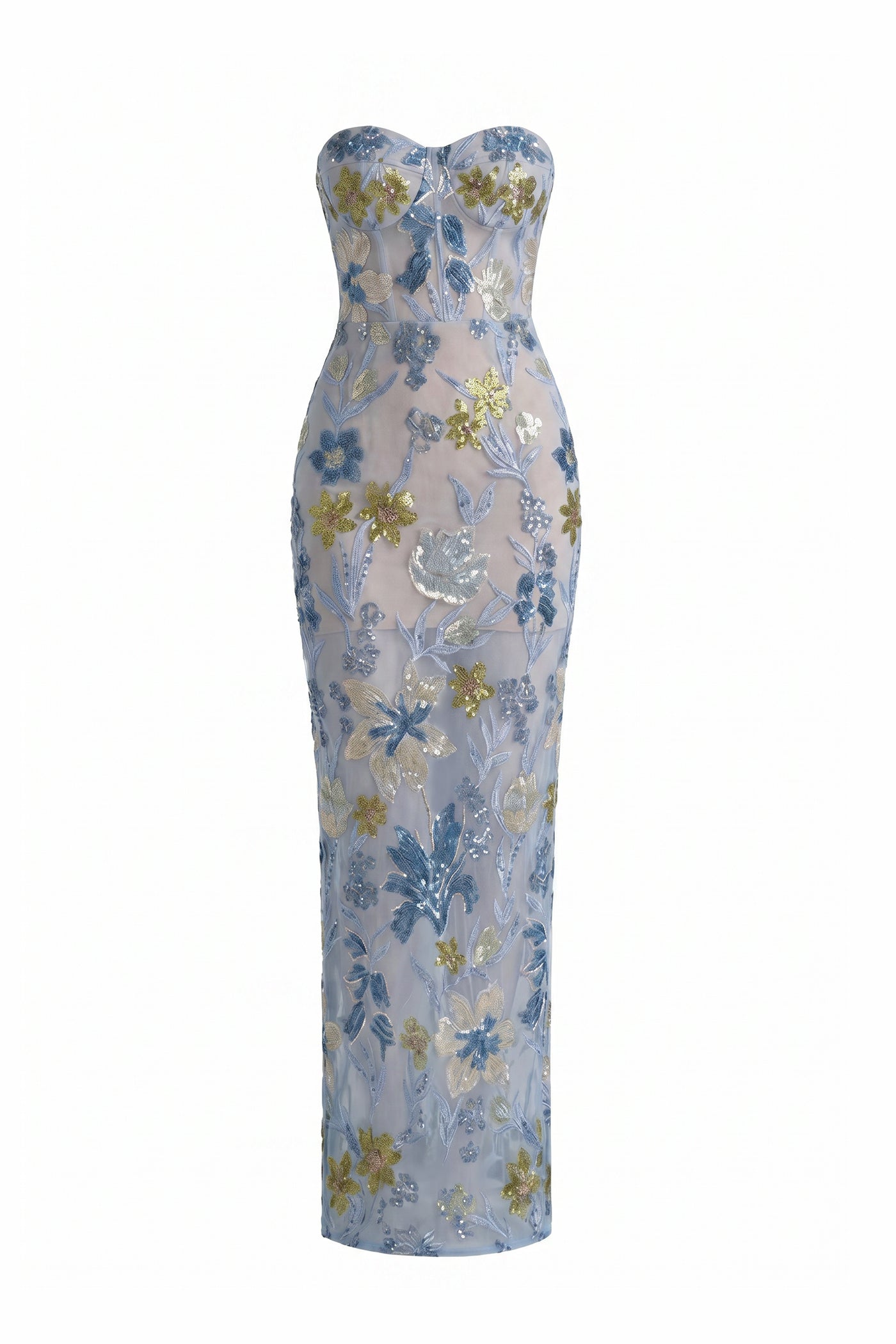 Herminie Strapless Floral Sequin Maxi Dress With Column Silhouette - Light Blue