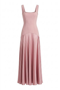 Aliénor Square-Neck Maxi Dress With Contrast Satin Flare Skirt - Pink