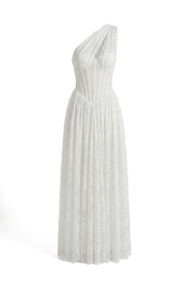 Séraphine One-Shoulder Lace Gown With Sheer Corset Bodice - White