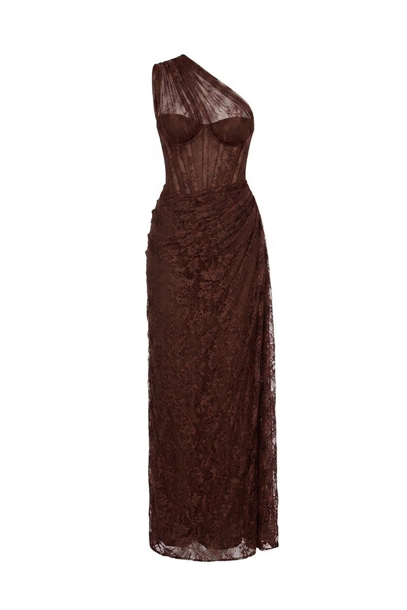Séraphine One-Shoulder Lace Gown With Sheer Corset Bodice - Brown