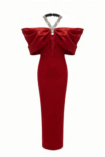 Viviane Off-Shoulder Draped Maxi Dress With Crystal Straps - Red