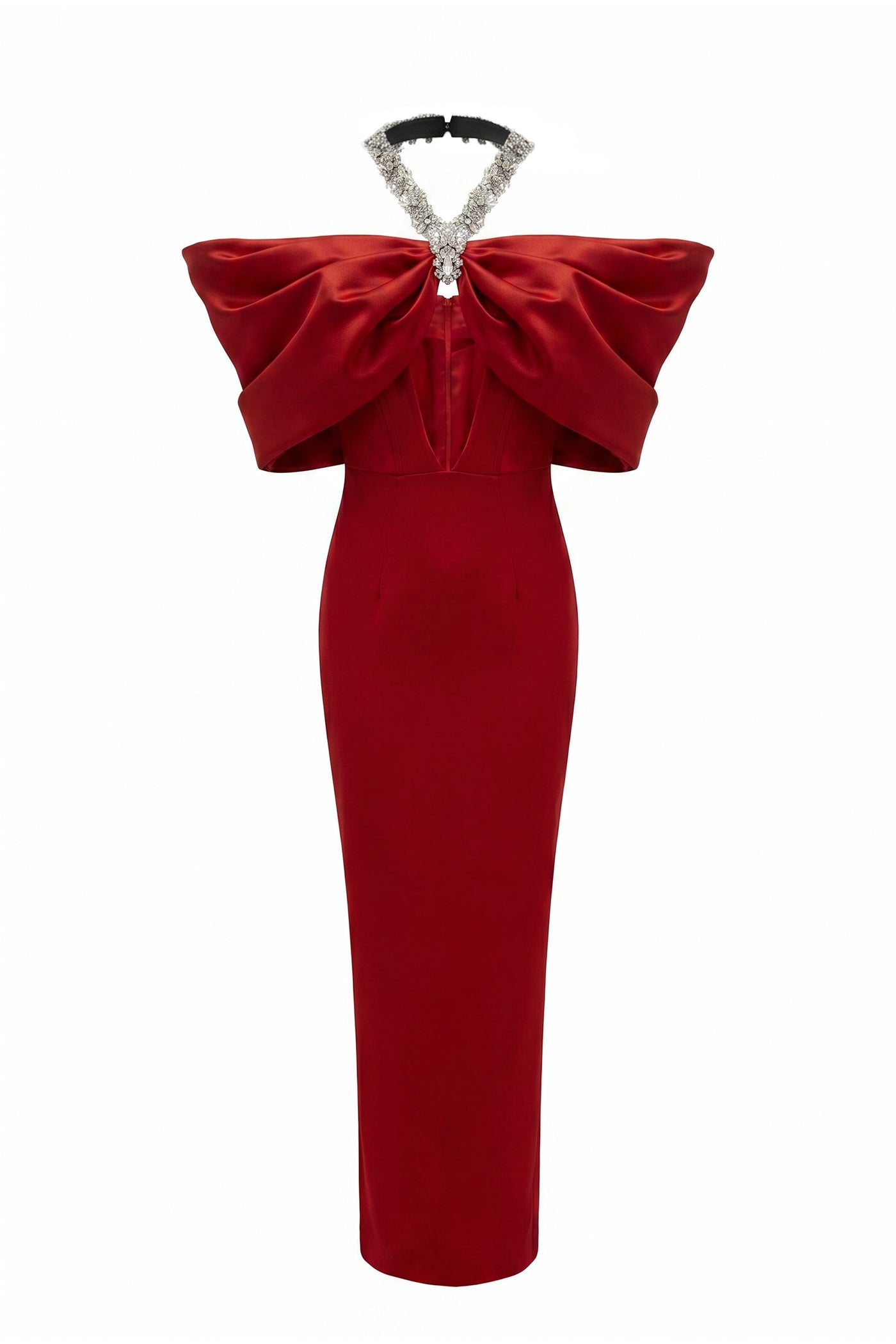 Viviane Off-Shoulder Draped Maxi Dress With Crystal Straps - Red