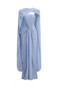 Azuria Strapless Pleated Gown With Draped Chiffon Cape - Light Blue