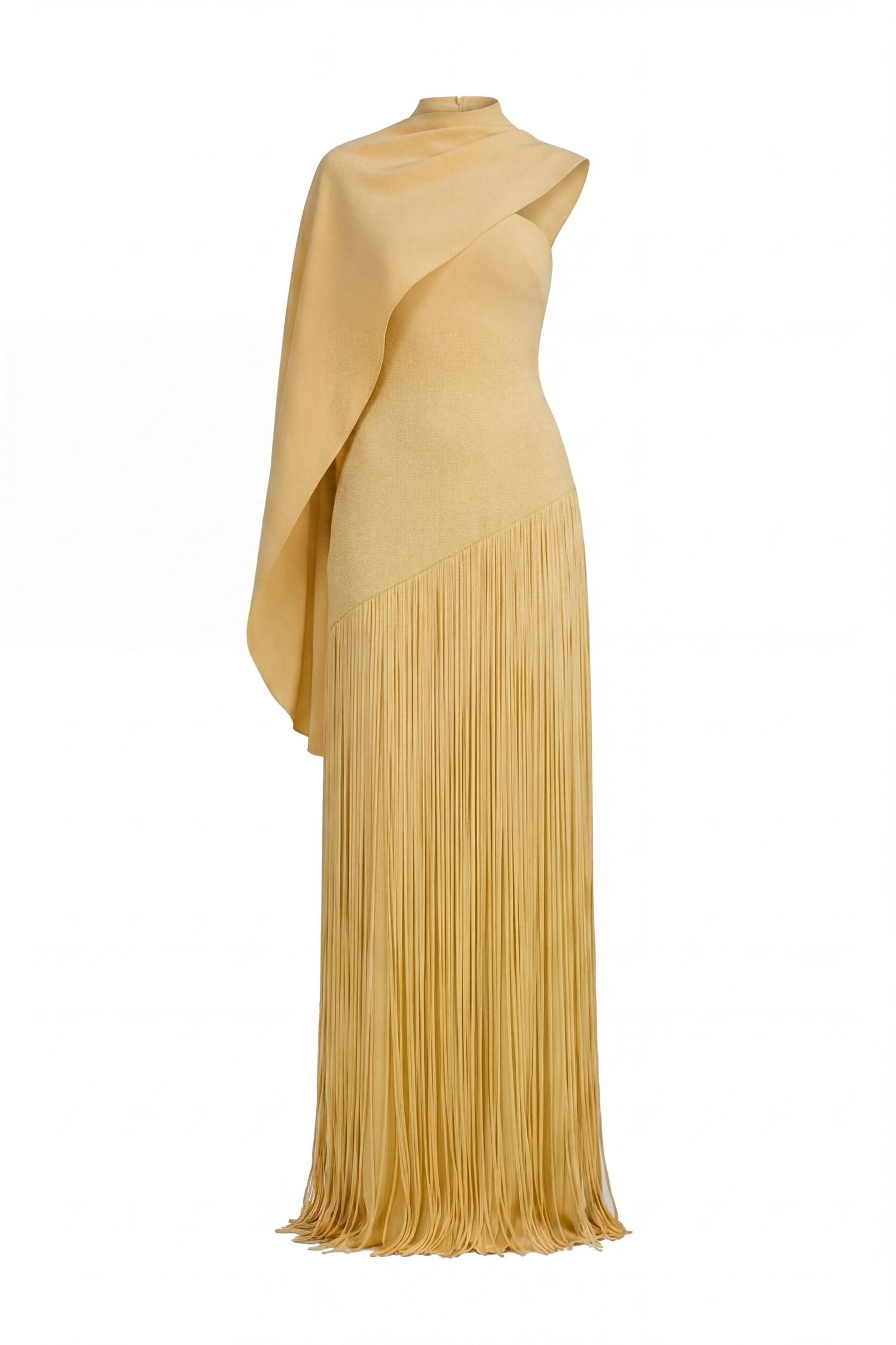 Madeleine Fringe Skirt Maxi Dress With Detachable Cape-Sleeve - Yellow