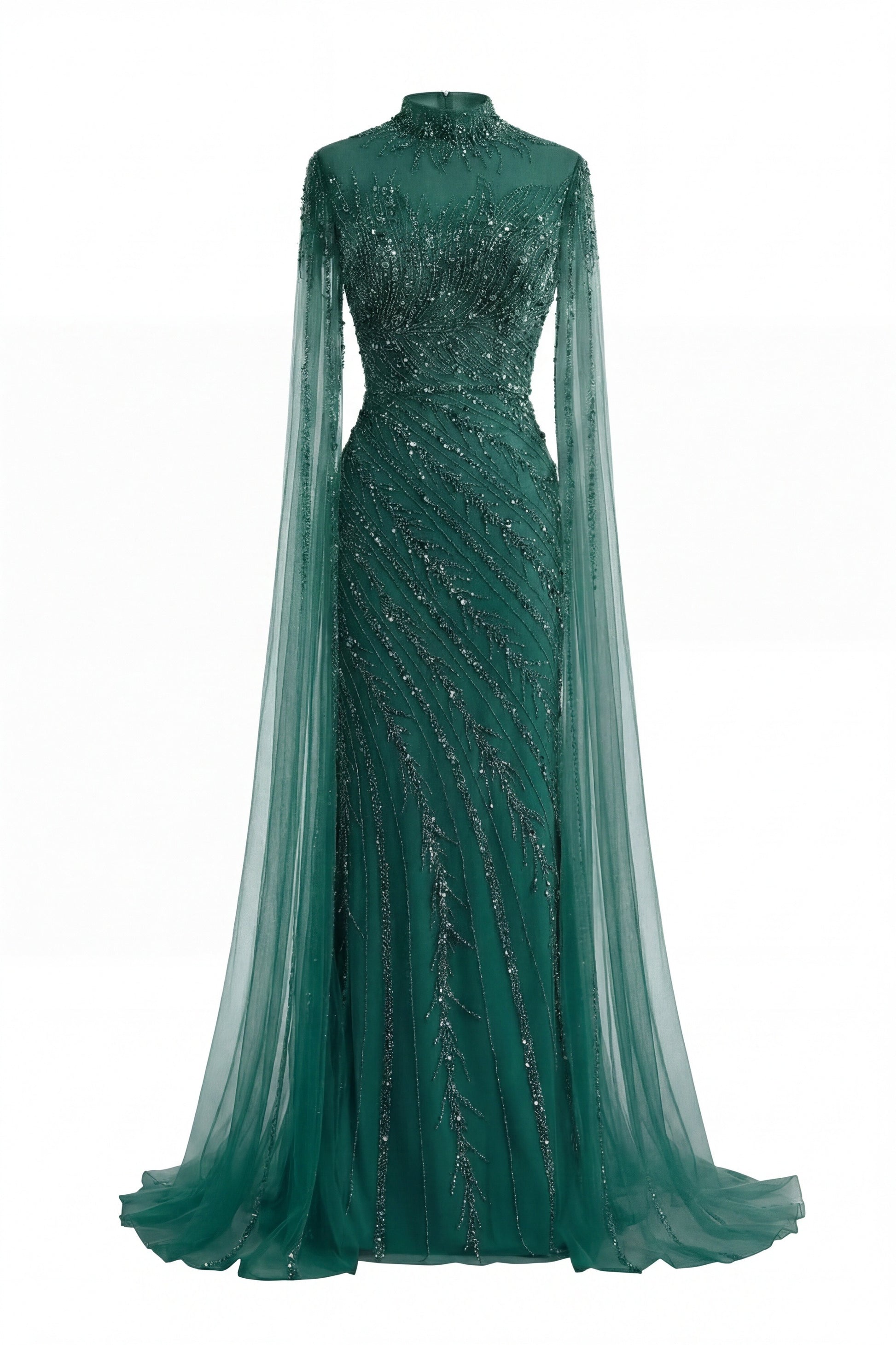 Lumière Embellished Long Sleeve Maxi Dress With Sheer Veil Sleeves - Green