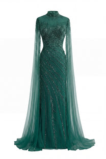 Lumière Embellished Long Sleeve Maxi Dress With Sheer Veil Sleeves - Green