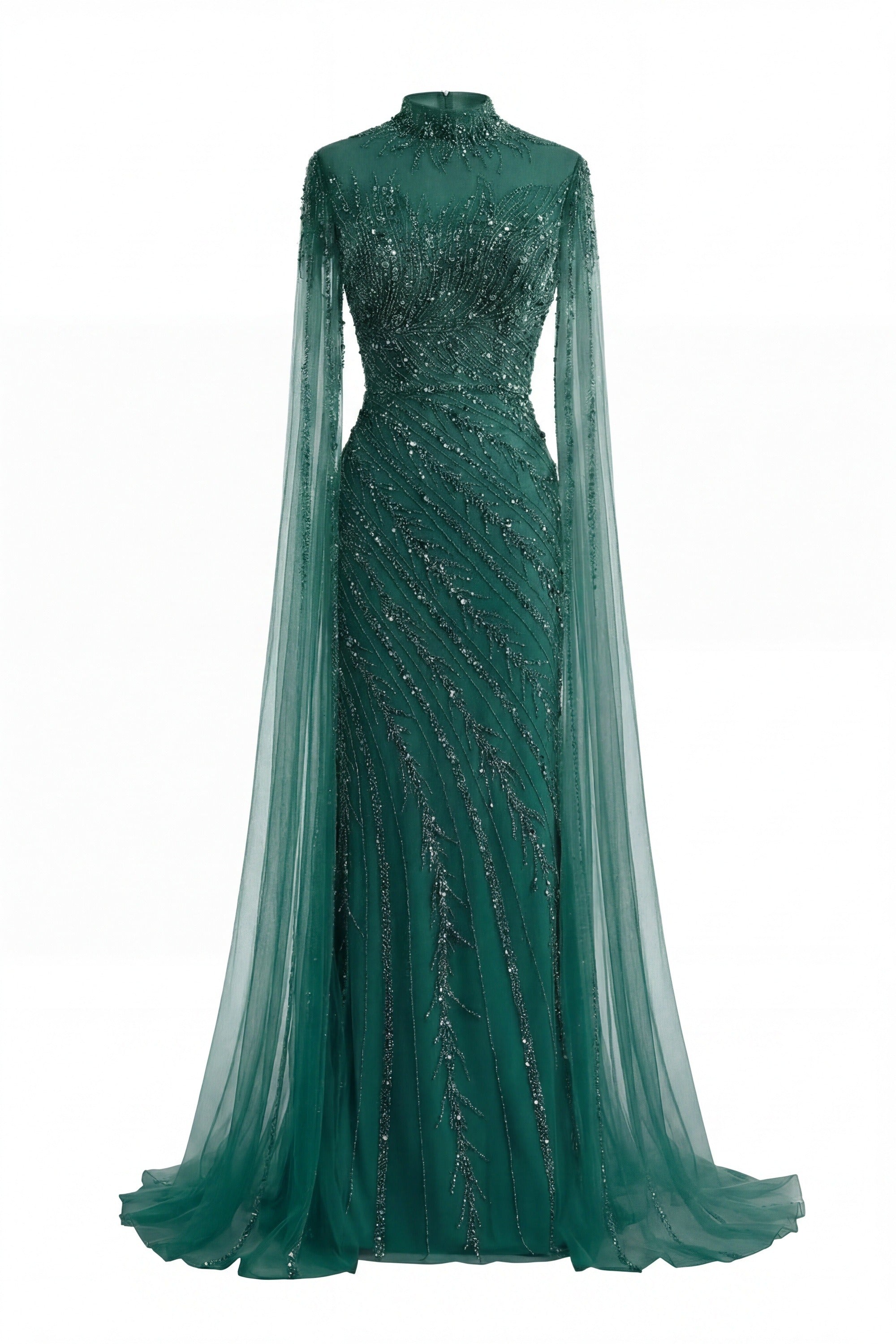 Lumière Embellished Long Sleeve Maxi Dress With Sheer Veil Sleeves - Green