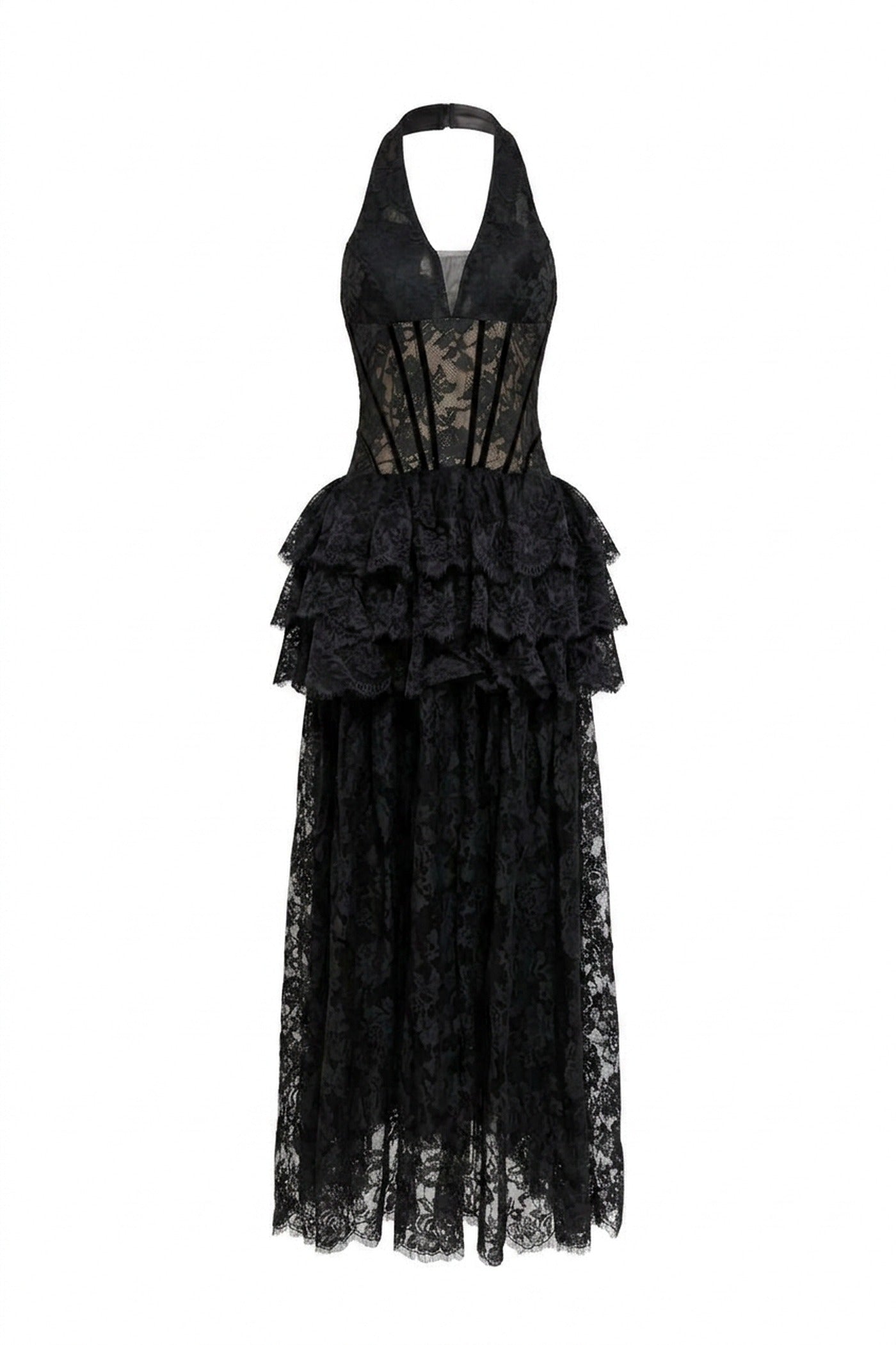 Mélanthe Lace Halter Gown With Sheer Corset And Tiered Ruffle Peplum - Black