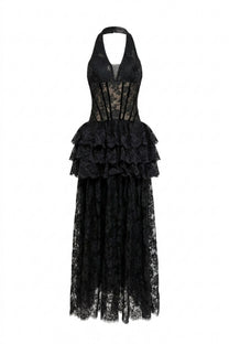 Mélanthe Lace Halter Gown With Sheer Corset And Tiered Ruffle Peplum - Black