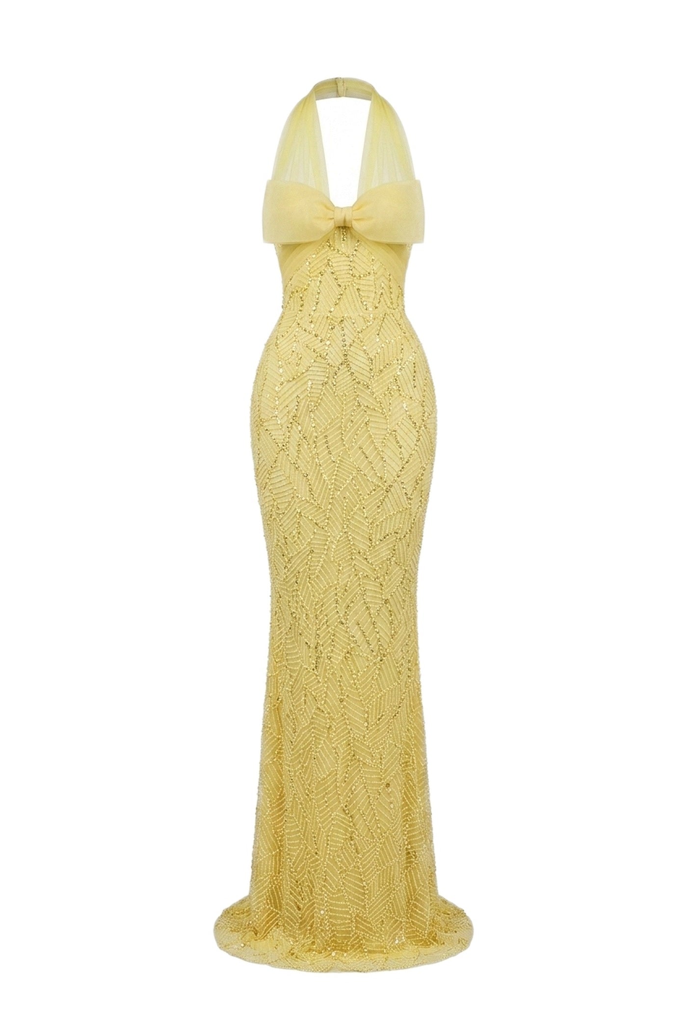 Ophélie Sequin Mermaid Gown With Tulle Halter Neck And Bow Detail - Yellow