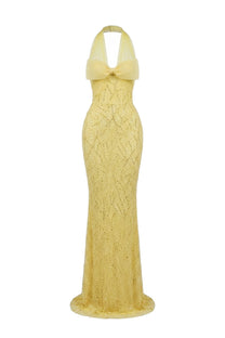 Ophélie Sequin Mermaid Gown With Tulle Halter Neck And Bow Detail - Yellow