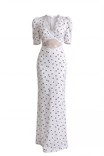 Céleste Maxikleid mit Puffärmeln und Polka-Dots – Weiß