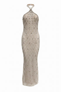 Violaine Halter Neck Crystal-Embellished Mermaid Gown With Back Slit - Beige