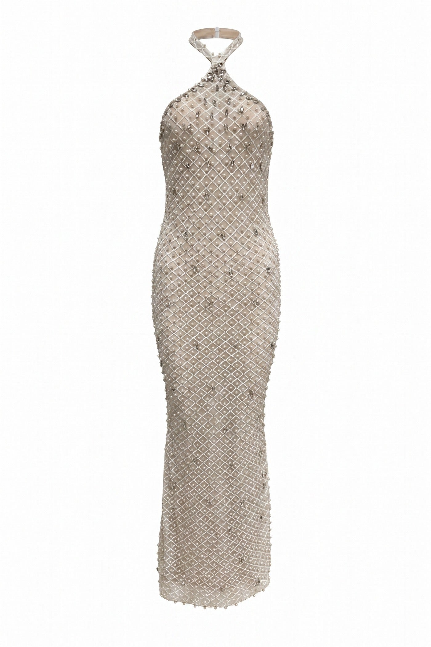 Violaine Halter Neck Crystal-Embellished Mermaid Gown With Back Slit - Beige