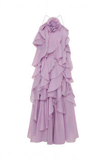 Nicolette Halter Neck Ruffled Organza Gown With 3D Rose Accent - Purple