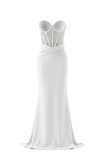 Christelle Strapless Gown With Sheer Boned Corset And Draped Skirt - White