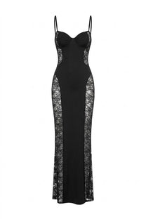 Mélodie Elegant Beaded Maxi Gown With Side Sheer Detailing - Black