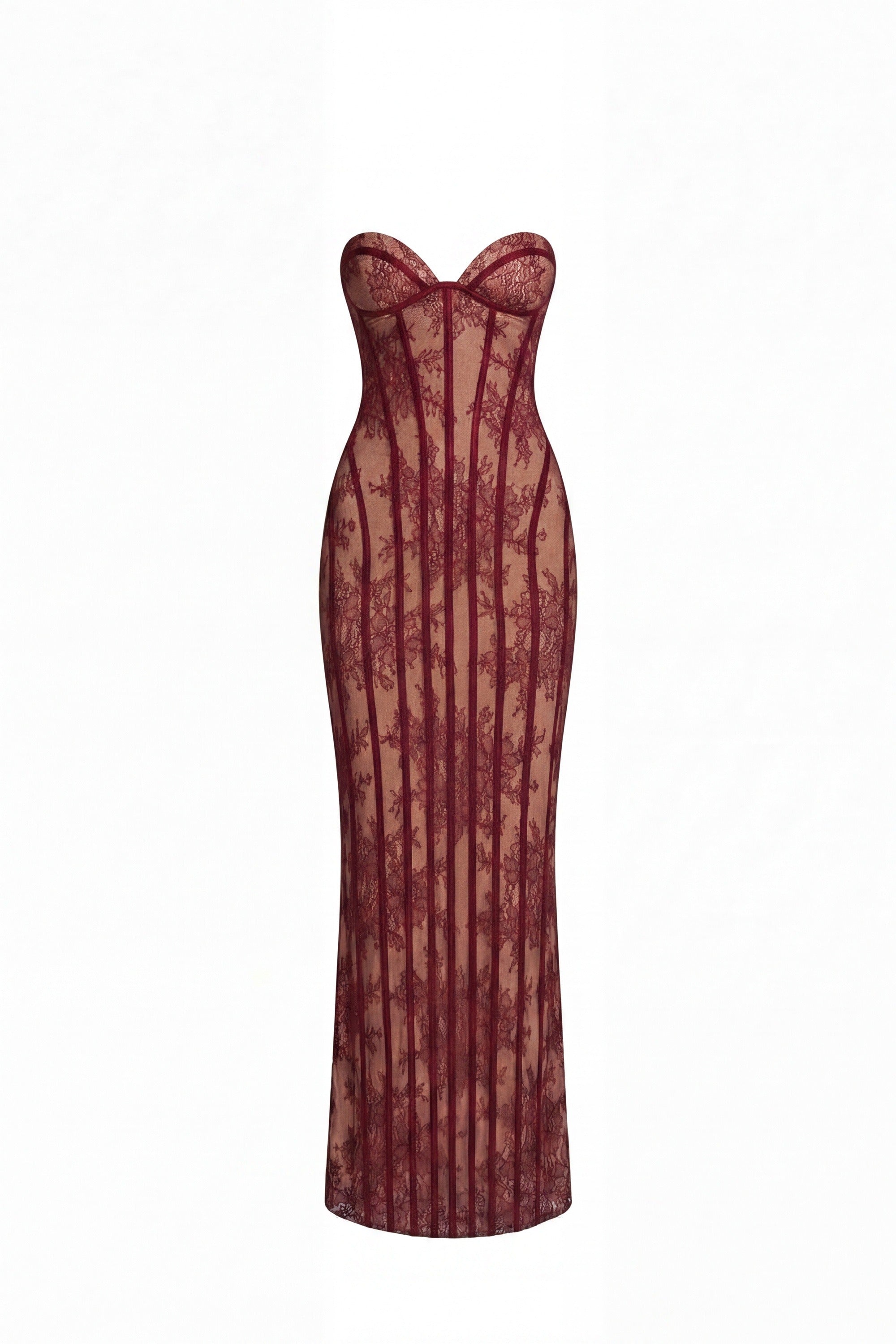 Célindre Strapless Lace Maxi Dress With Sweetheart Corset - Burgundy