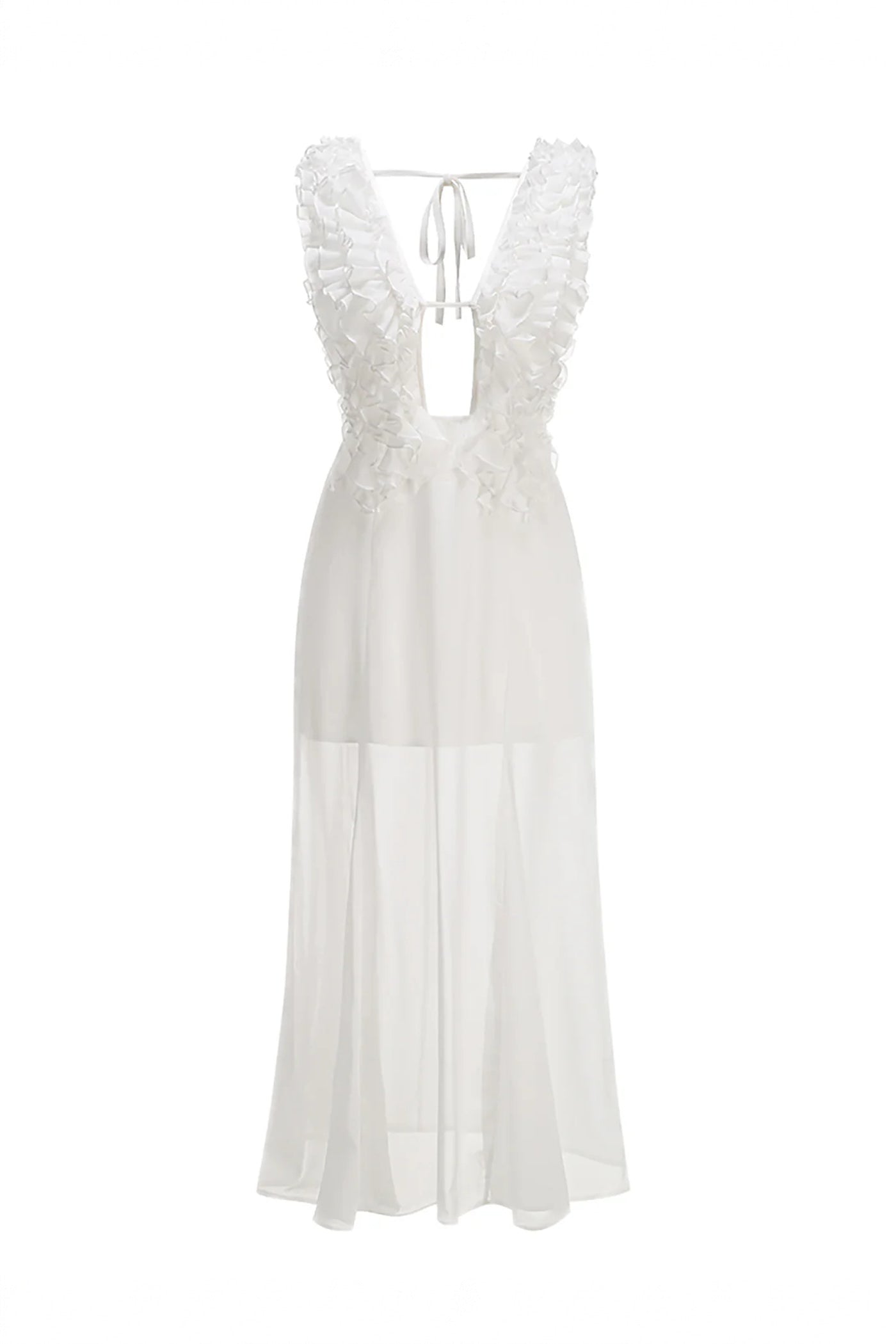 Violette Deep V Maxi Dress With Ruffled Bodice And Tie Front Detail - White