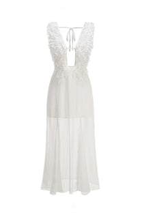 Violette Deep V Maxi Dress With Ruffled Bodice And Tie Front Detail - White
