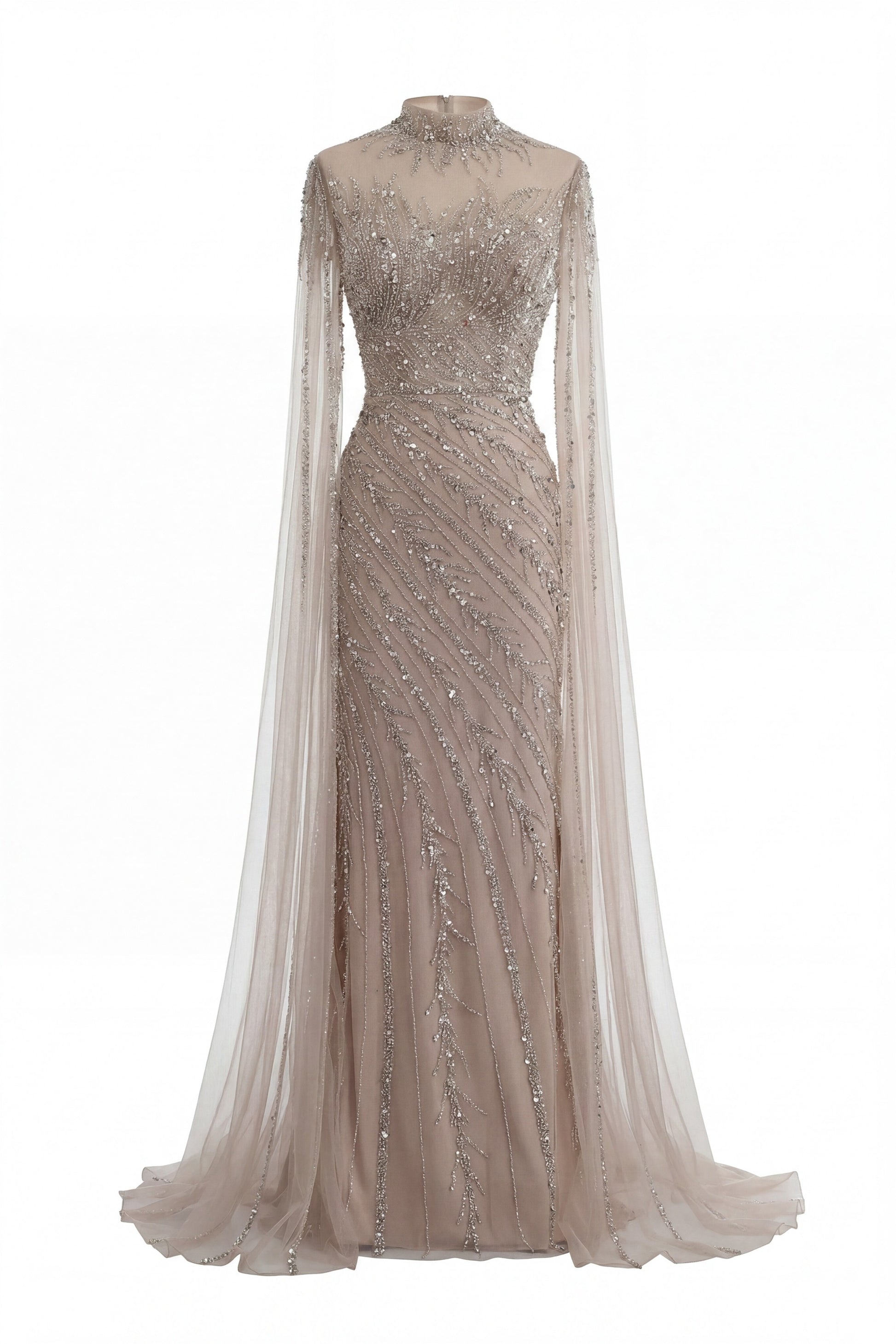 Lumière Embellished Long Sleeve Maxi Dress With Sheer Veil Sleeves - Beige