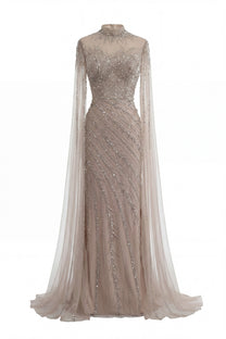 Lumière Embellished Long Sleeve Maxi Dress With Sheer Veil Sleeves - Beige