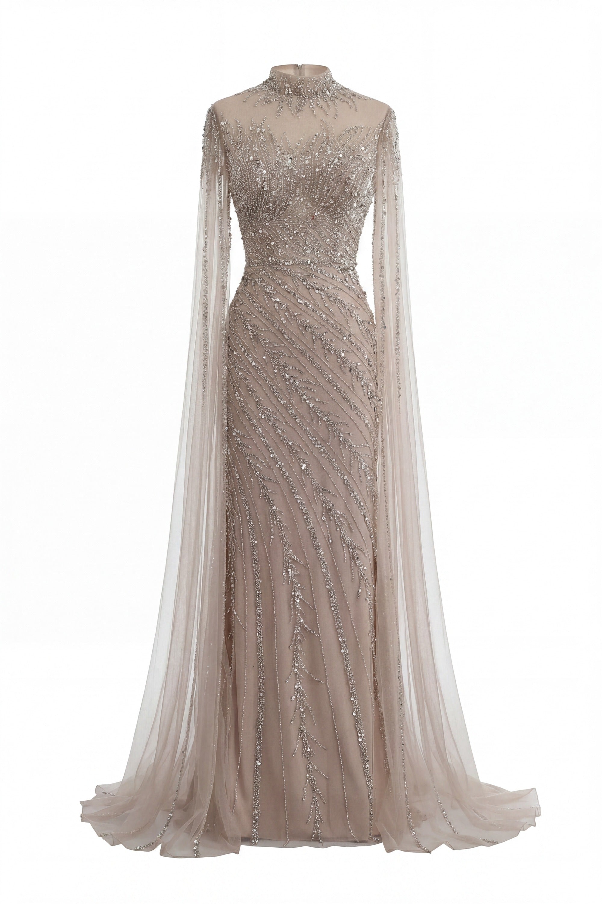 Lumière Embellished Long Sleeve Maxi Dress With Sheer Veil Sleeves - Beige