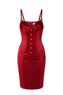 Yolande Satin Midi Dress With Velvet Corset Bodice And Button Front - Red