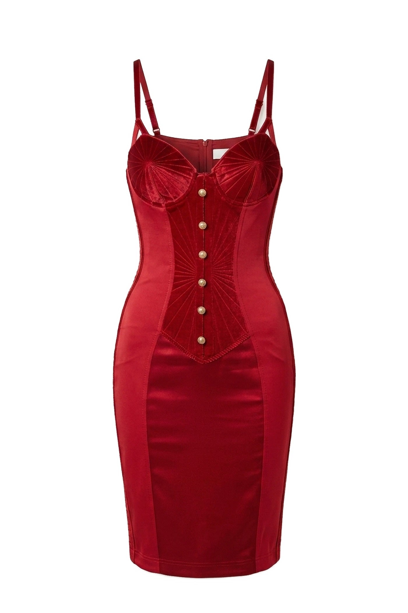 Yolande Satin Midi Dress With Velvet Corset Bodice And Button Front - Red