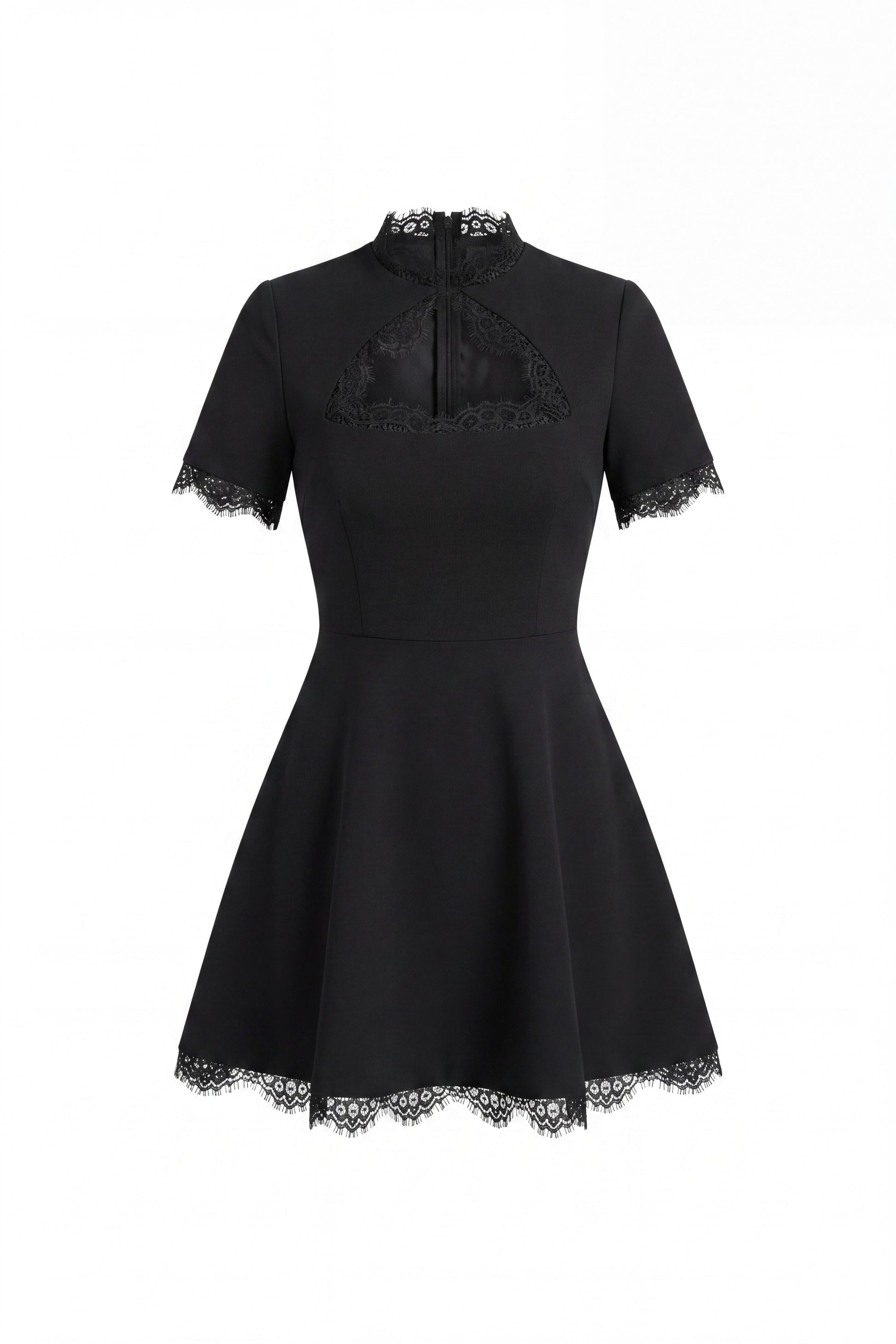 Mathilde Minikleid mit Spitzenbesatz und Schlüssellochausschnitt – Schwarz