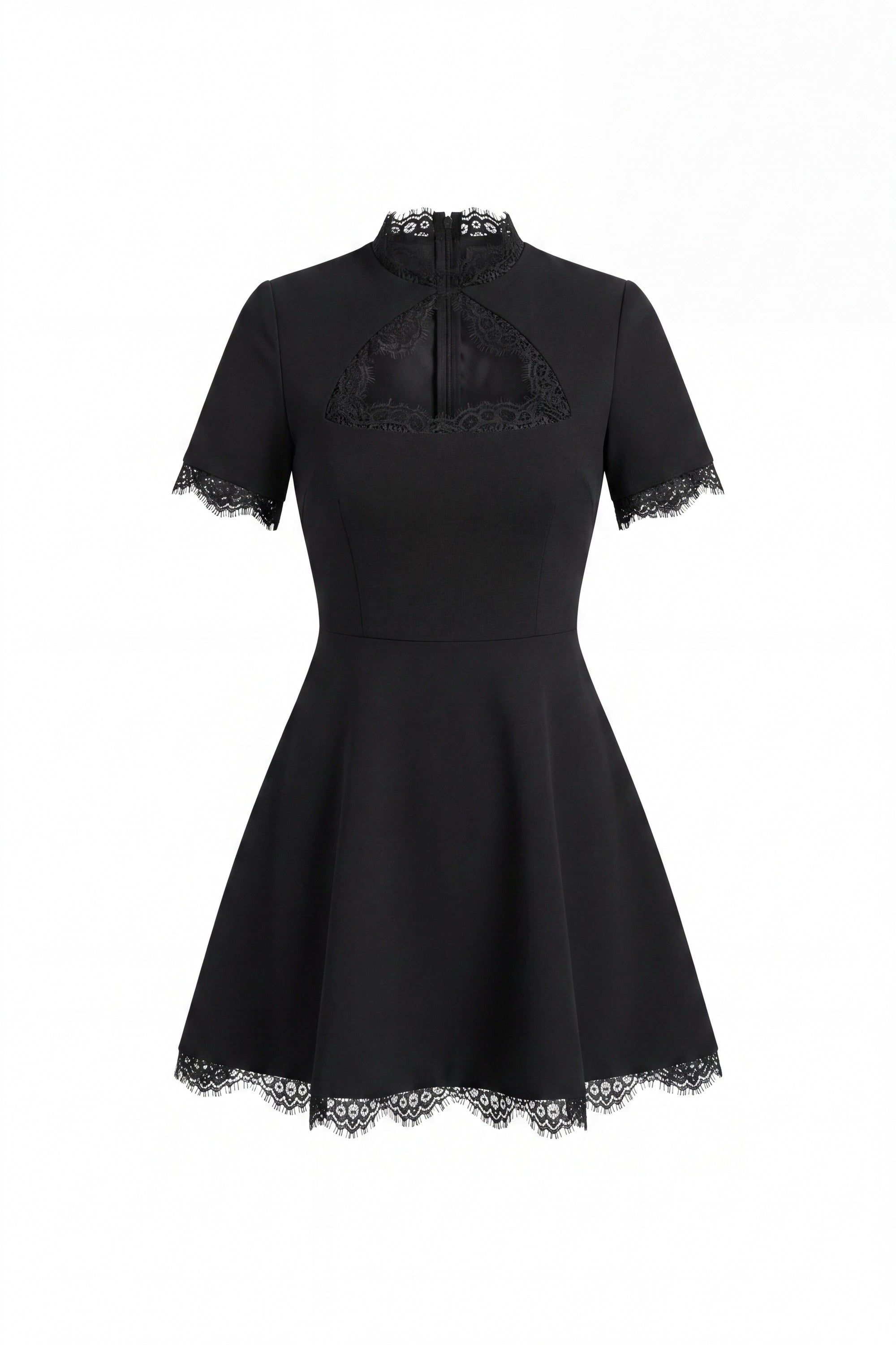 Mathilde Minikleid mit Spitzenbesatz und Schlüssellochausschnitt – Schwarz