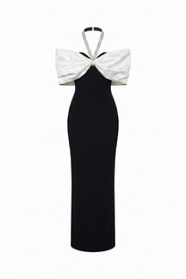 Viviane Off-Shoulder Draped Maxi Dress With Crystal Straps - Black/White