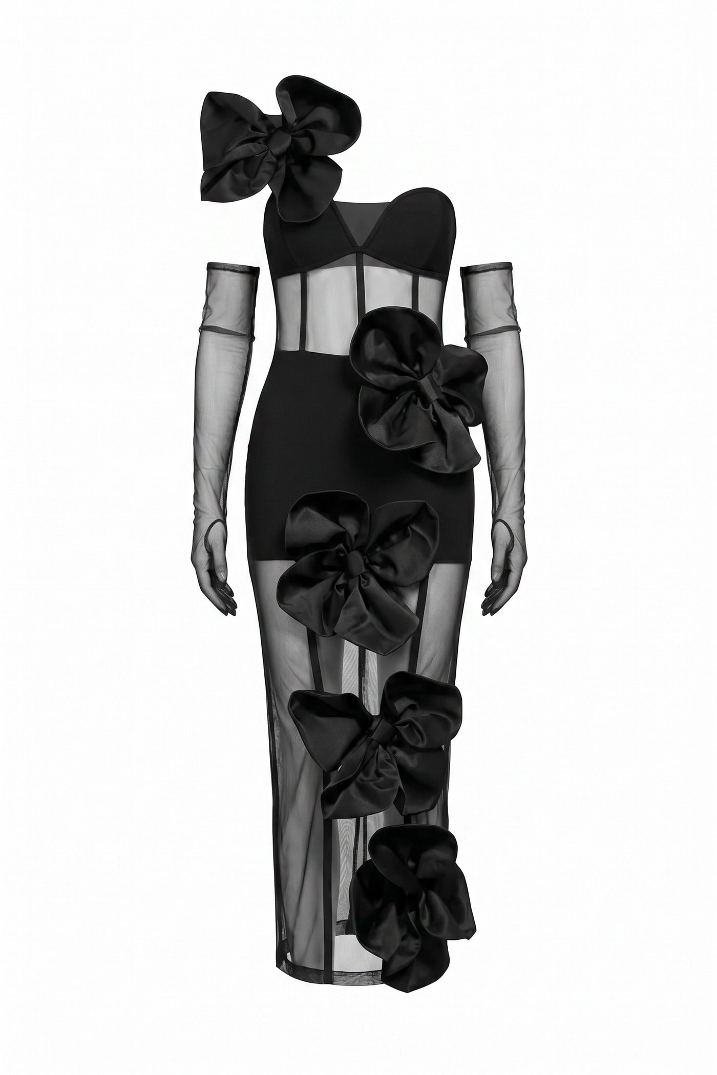 Cassilde Strapless Sheer Maxi Dress With 3D Bow Embellishments - Black