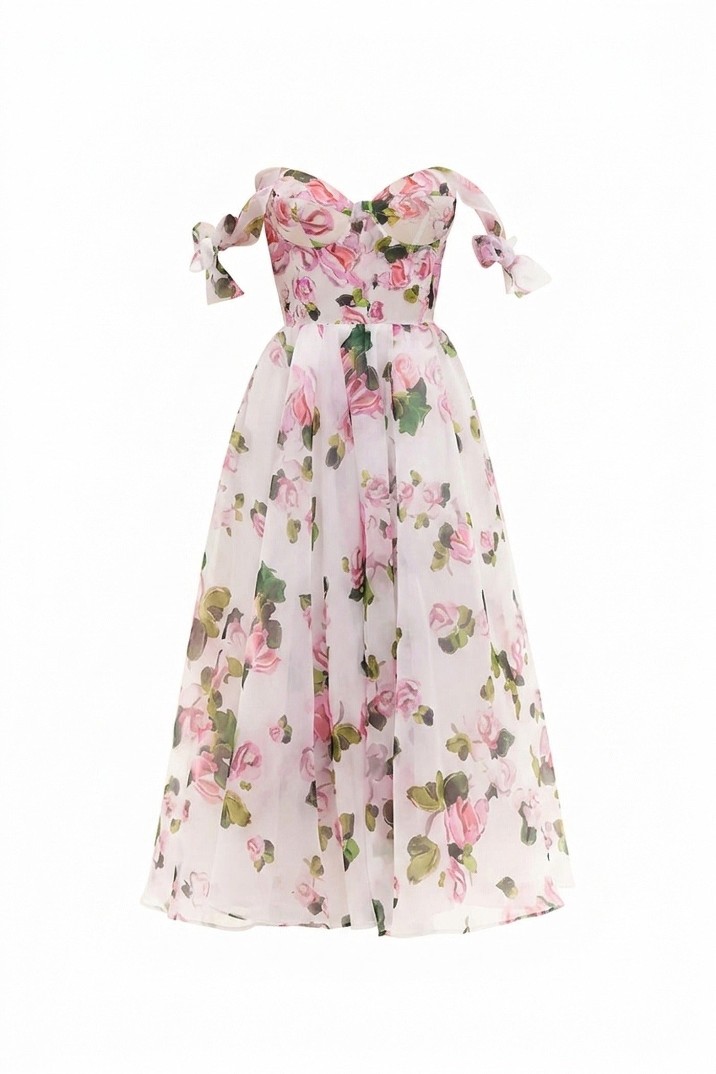 Florentine Off-Shoulder Floral Organza Dress With Corset Bodice And Bow Straps - Floral