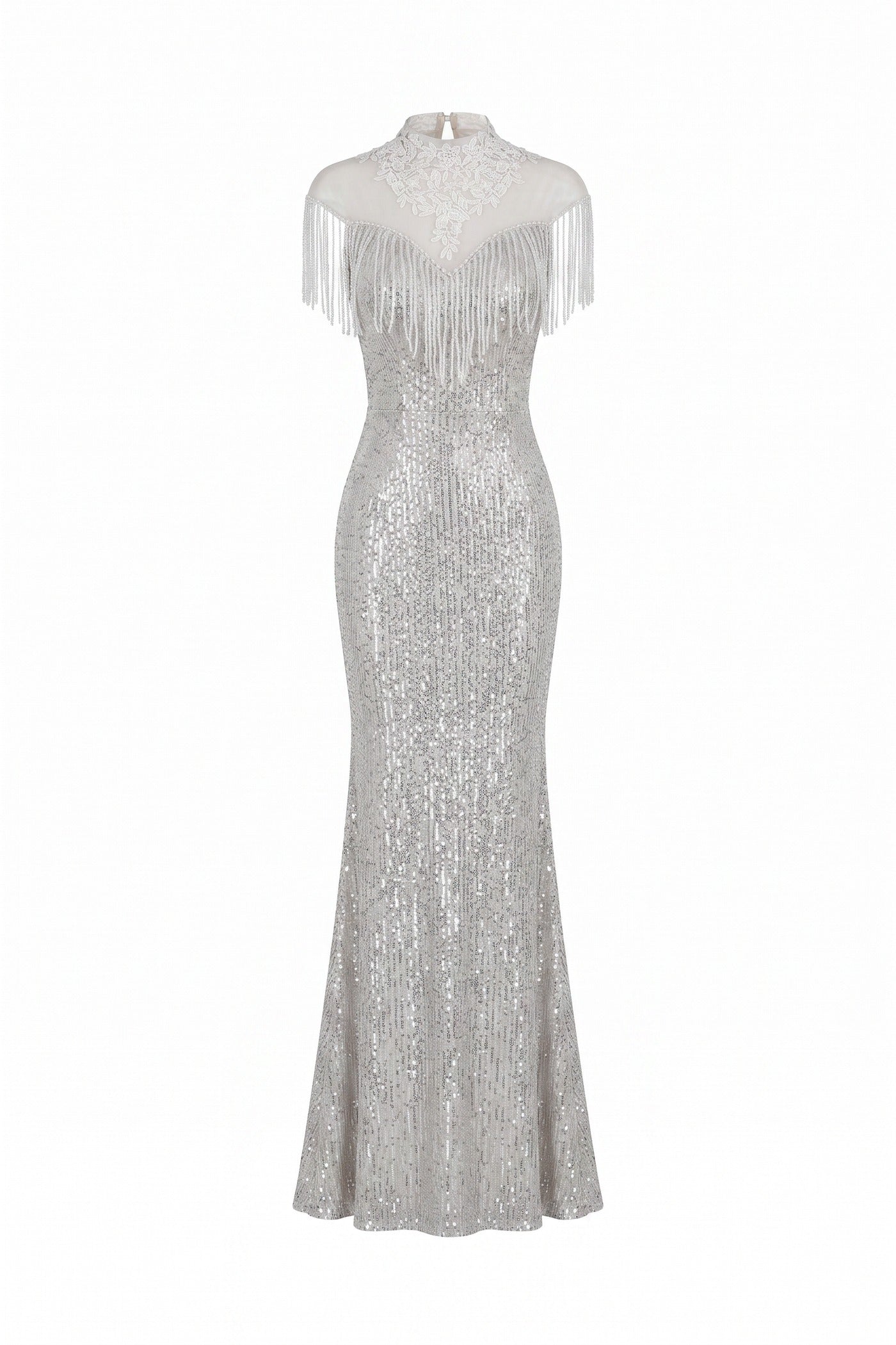 Éléonore High-Neck Sequin Mermaid Gown With Tassel Shoulder Detail - Silver