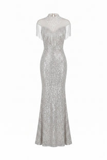Éléonore High-Neck Sequin Mermaid Gown With Tassel Shoulder Detail - Silver
