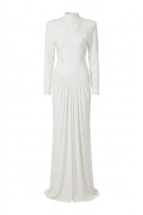 Reinette High-Neck Long-Sleeve Gown With Heart-Shaped Cutout Panel - White