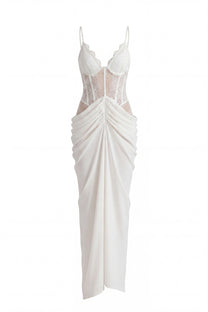 Amouré Lace Corset Maxi Dress With Draped Skirt – White