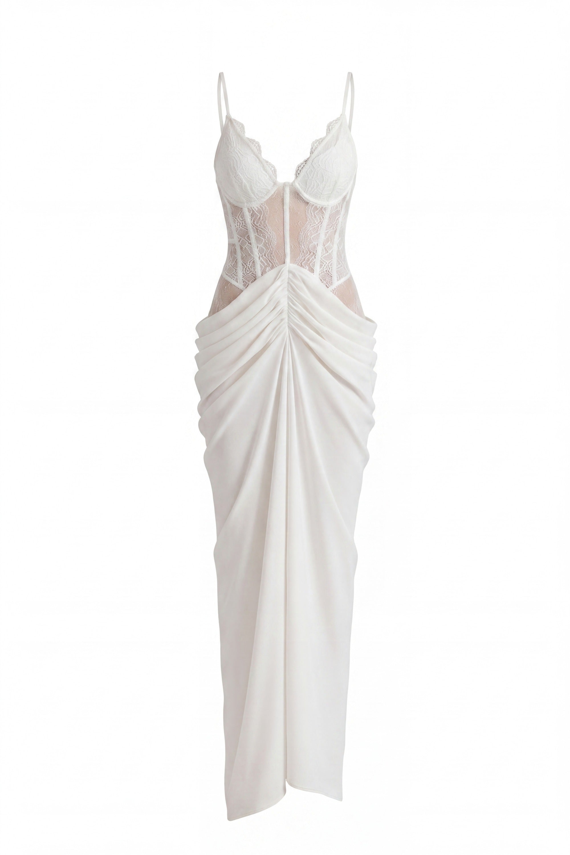 Amouré Lace Corset Maxi Dress With Draped Skirt – White
