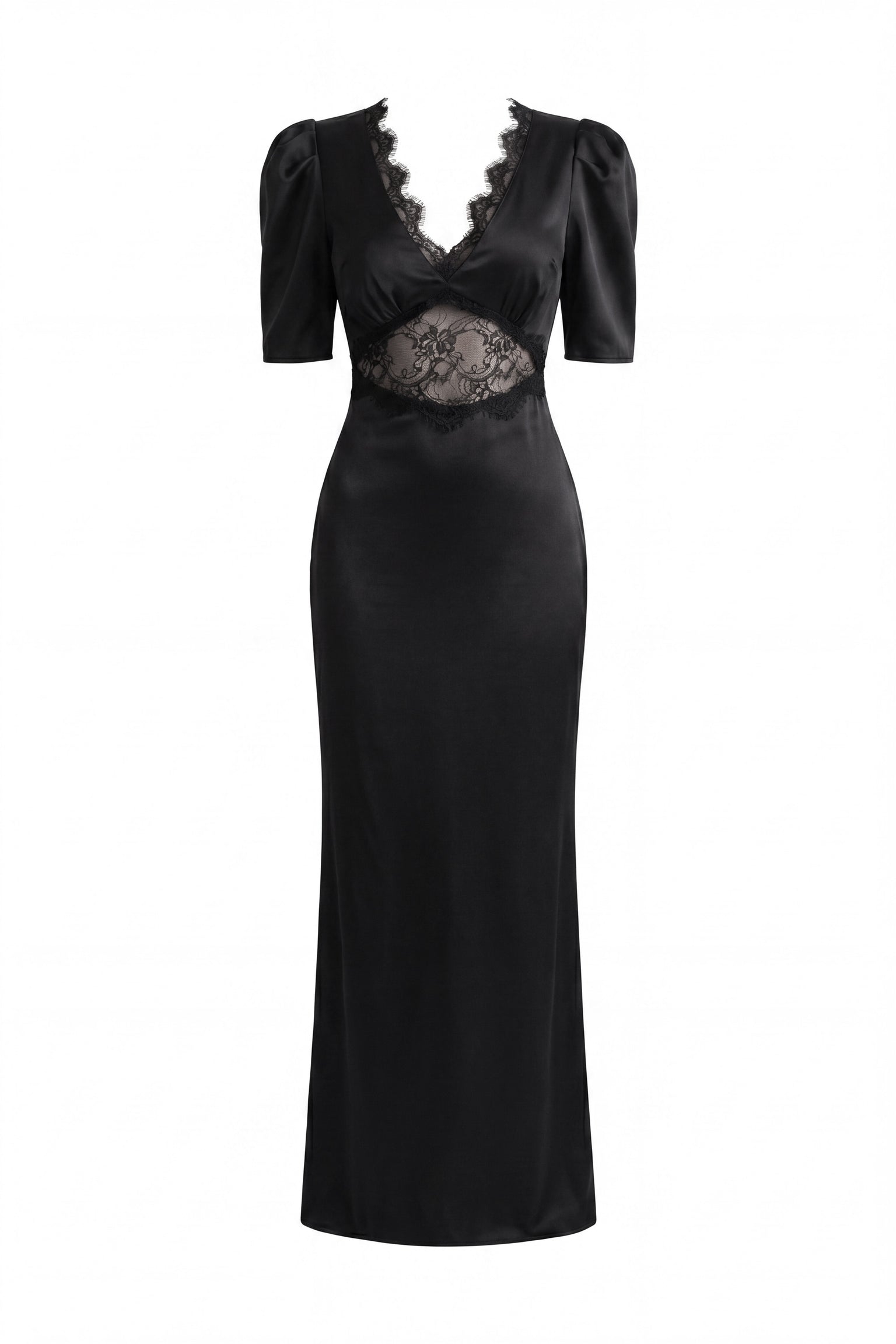 Céleste Maxi Dress With Puff Sleeves And Lace Cutout - Black