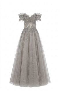 Damienne Off-Shoulder Glitter Tulle Ballgown With Beaded Corset And Ruffle Neckline - Light Gray