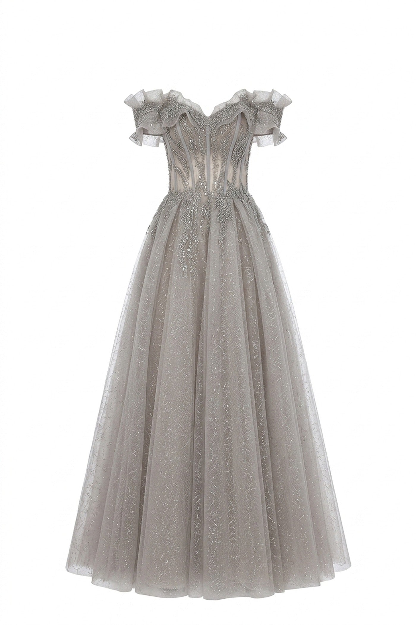Damienne Off-Shoulder Glitter Tulle Ballgown With Beaded Corset And Ruffle Neckline - Light Gray