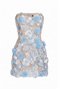 Roxane Strapless Floral Lace Mini Dress With Corset Back - Light Blue