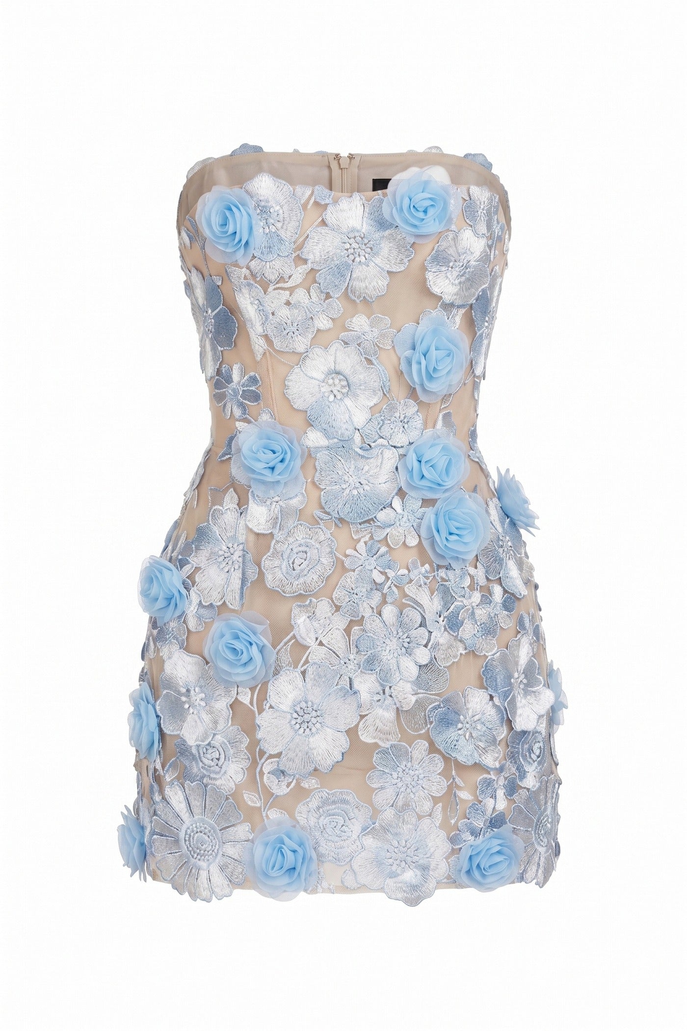 Roxane Strapless Floral Lace Mini Dress With Corset Back - Light Blue