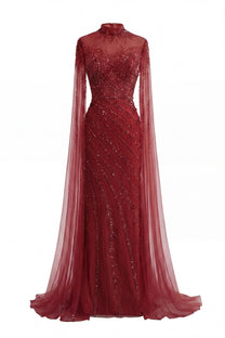 Lumière Embellished Long Sleeve Maxi Dress With Sheer Veil Sleeves - Red