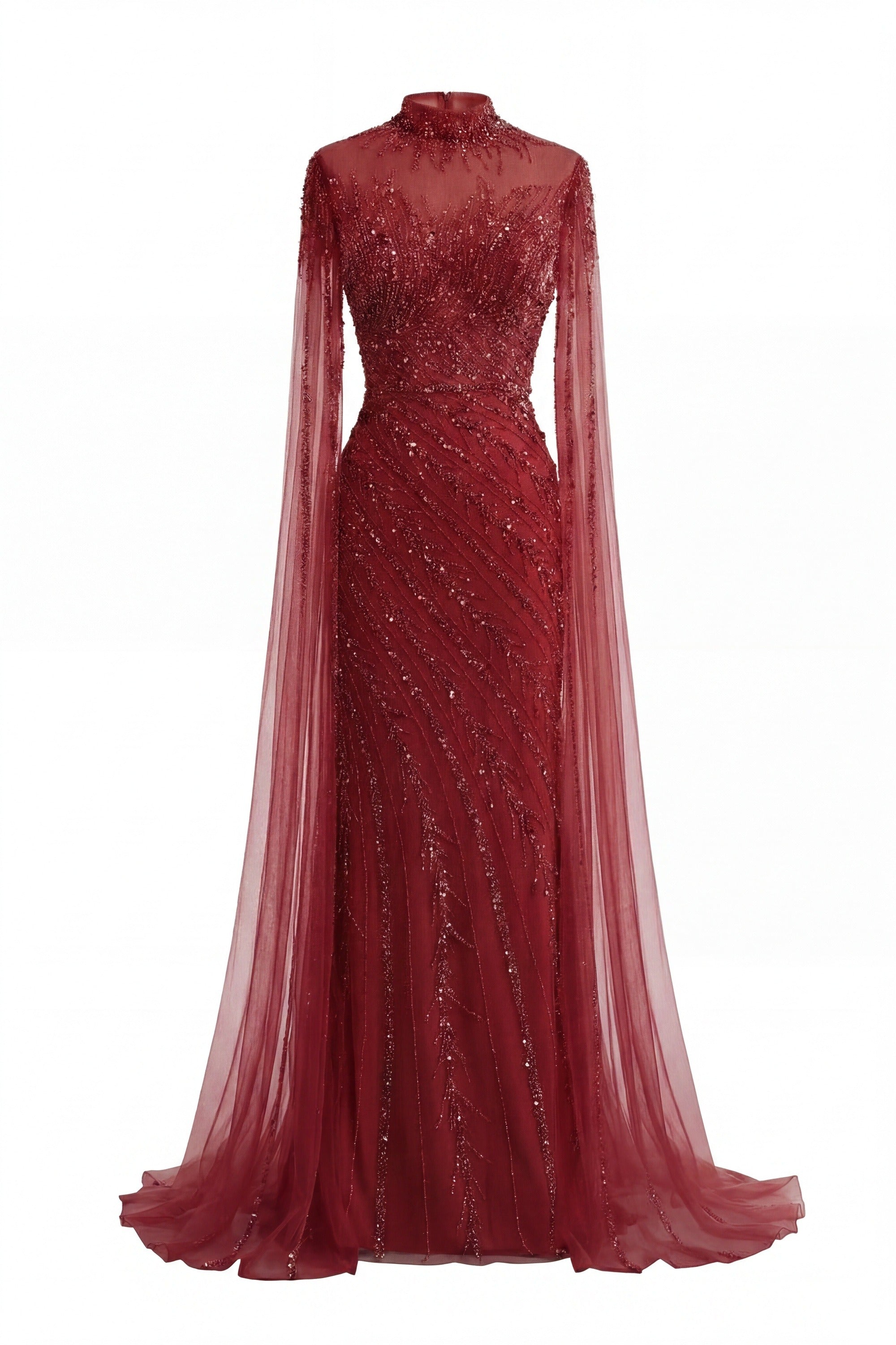 Lumière Embellished Long Sleeve Maxi Dress With Sheer Veil Sleeves - Red