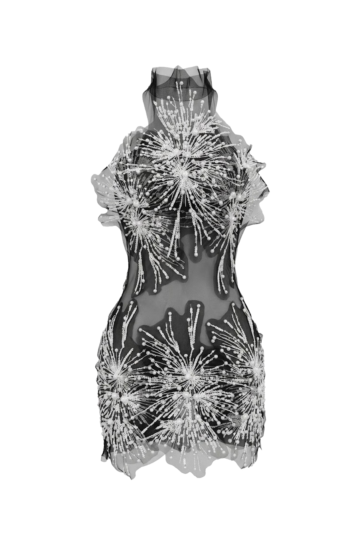 Narcisse Sheer Mini Dress With Pearl And Sequin Flower Embellishments - Black/White